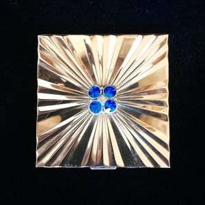 Vintage Powder Compact Blue Rhinestone Starburst Design